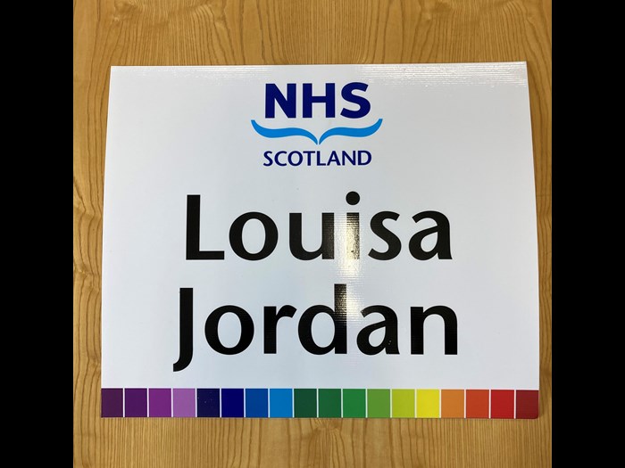 Signage from NHS Louisa Jordan, Scotland’s emergency critical care facility during the COVID-19 pandemic, Glasgow (2020). M.2021.2.1-2. The temporary hospital was named after the Scottish nurse Louisa Jordan, who served with the Scottish Women’s Hospitals for Foreign Service during the First World War and died in Serbia in 1915. Constructed in just over two weeks, the hospital opened in April 2020 and was designed to relieve extreme pressures on Scotland’s established hospitals.