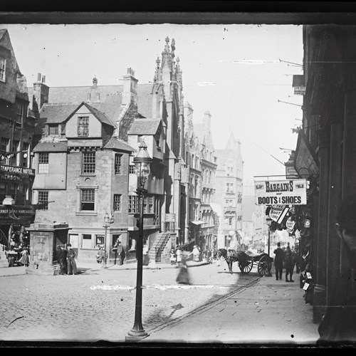 Black and white glass plate negative of the High Street, Edinburgh, in around 1896, photographed by George Jenkins.