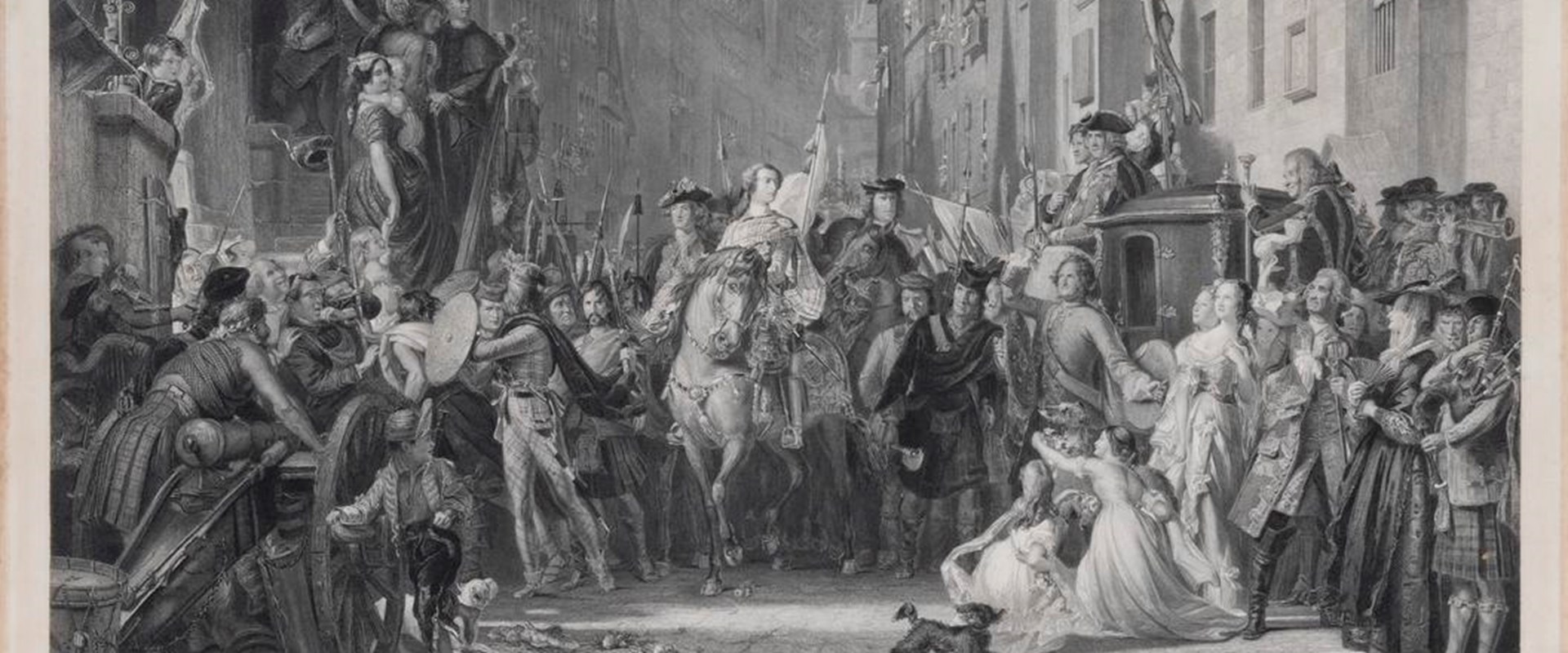 Black and white print of a crowd of people on a street surrounding Bonnie Prince Charlie who is riding a horse.