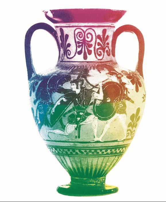 A multicoloured amphora with a design of Herakles and the Amazons.