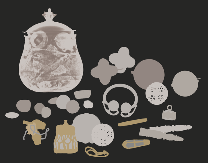 Illustration of a potted vessel and many small, grey objects in silhouette scattered around it. The rock crystal jar stands out in gold.