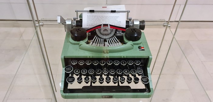 lego typewriter on display.