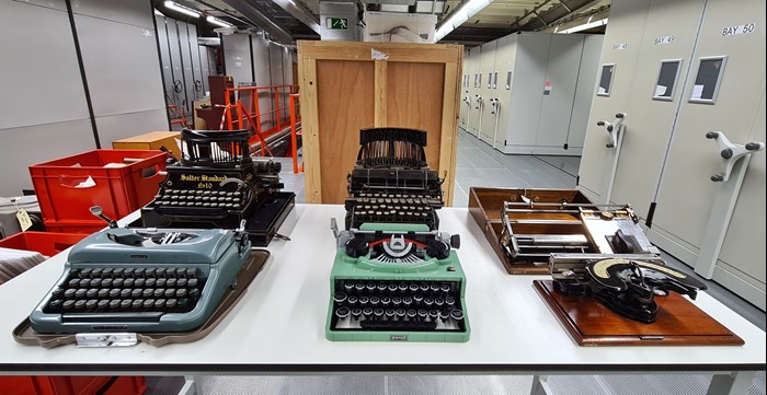 Lego typewriter in the collection stores alongside real typewriters.