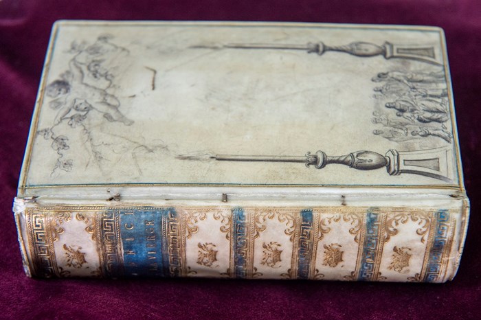 Very old book with faded off-white hard cover and a spine decorated with gold and blue on a red surface.