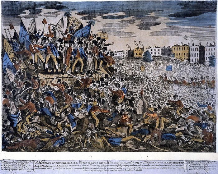 Illustration of a massive crowd being corralled by mounted police. People are crushed underfoot while others wave flags on a stage.