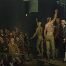 Hunter Lecturing at the Royal Academy by Johann Zoffany, c1772. On loan from the Royal College of Physicians, all rights reserved.