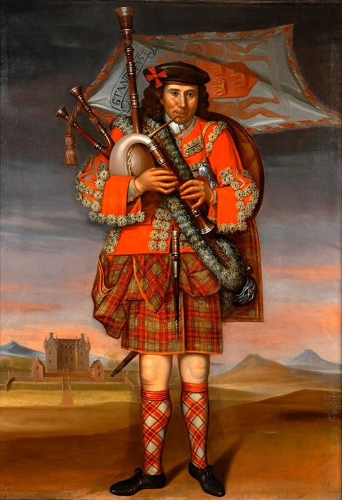 Ilustration of a Highland bagpiper in a hilly landscape with a castle in the background. He wears bright red tartan and a military coat.