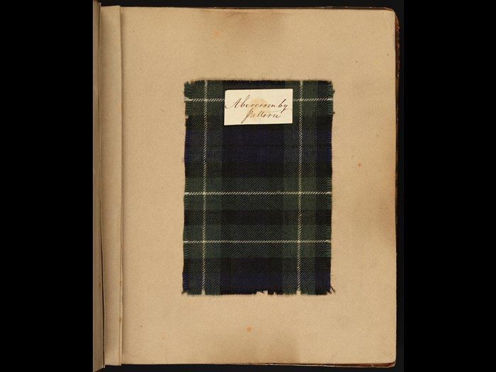 A sample of ‘Abercromby’ tartan, c.1822. Collected by the English antiquarian Sir Samuel Rush Meyrick, it is a commemorative tartan created in honour of General Sir Ralph Abercromby. (H.TTB 8)