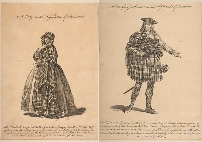 Two pages on faded paper. Black and white illustrations of a woman, left, and man, right, wearing billowing tartan outfits.