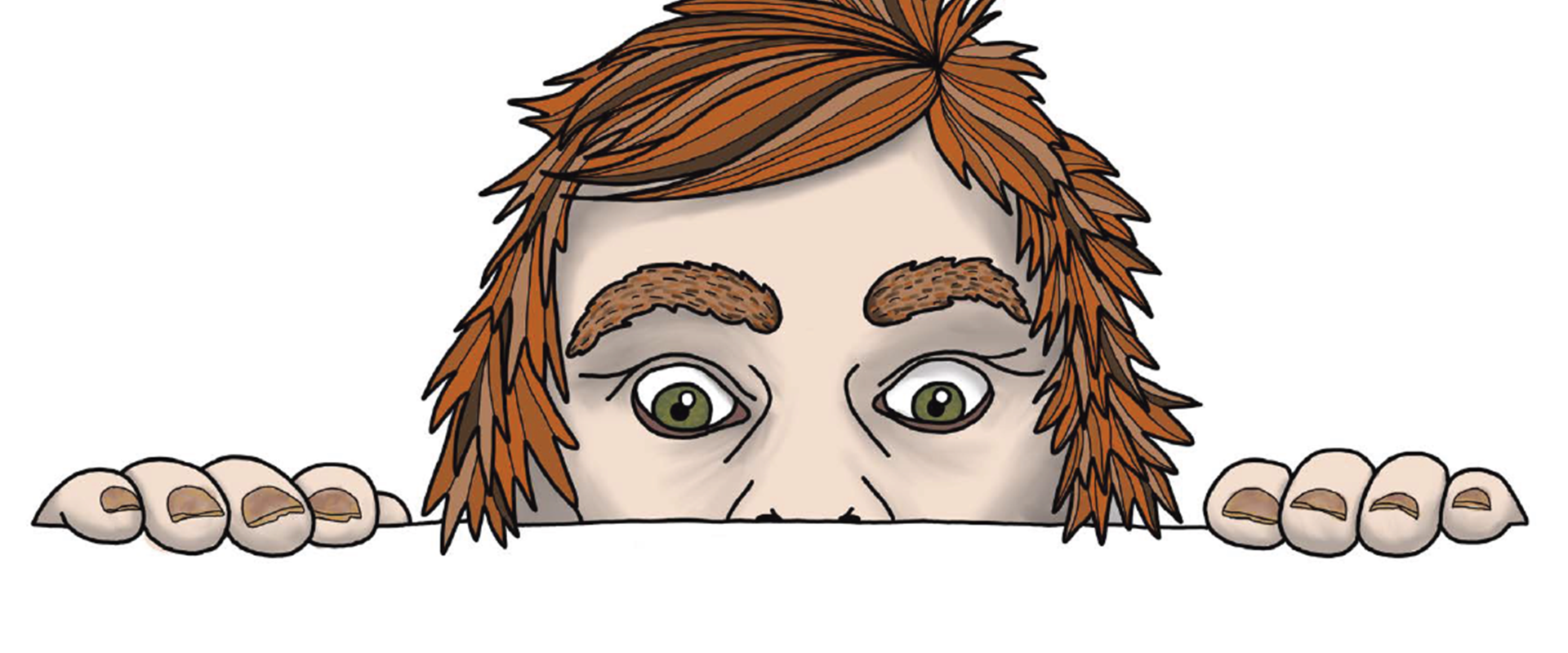 Illustration of a giant's face peeking over a surface.