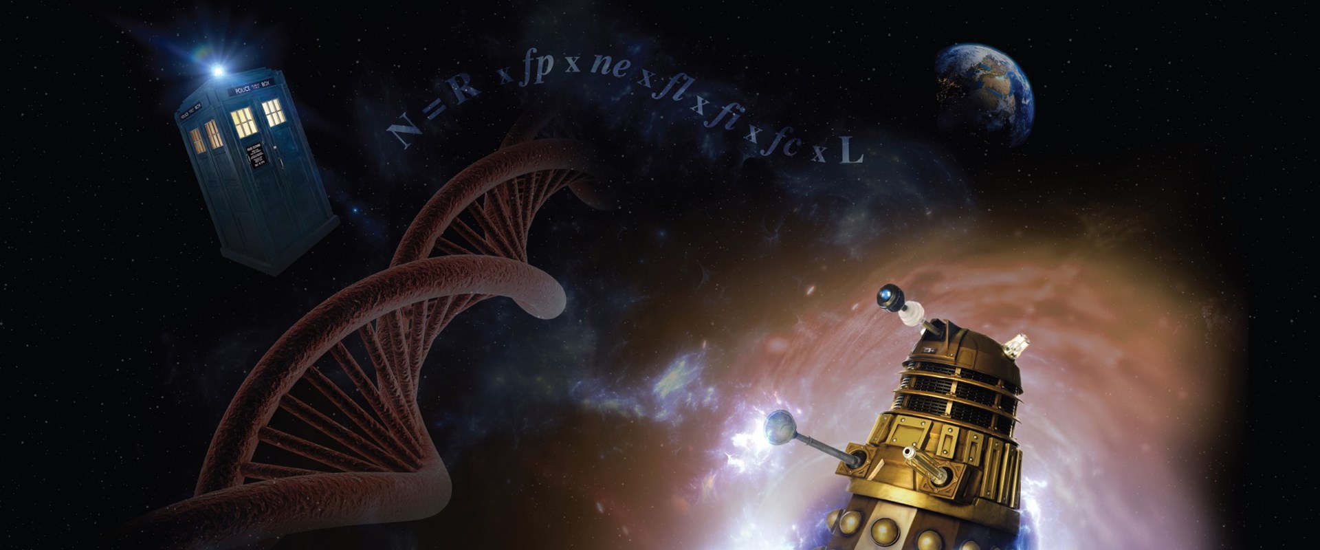 Dalek cyborg emerging from a vortex in space with a DNA double helix, police box, and earth in the background.