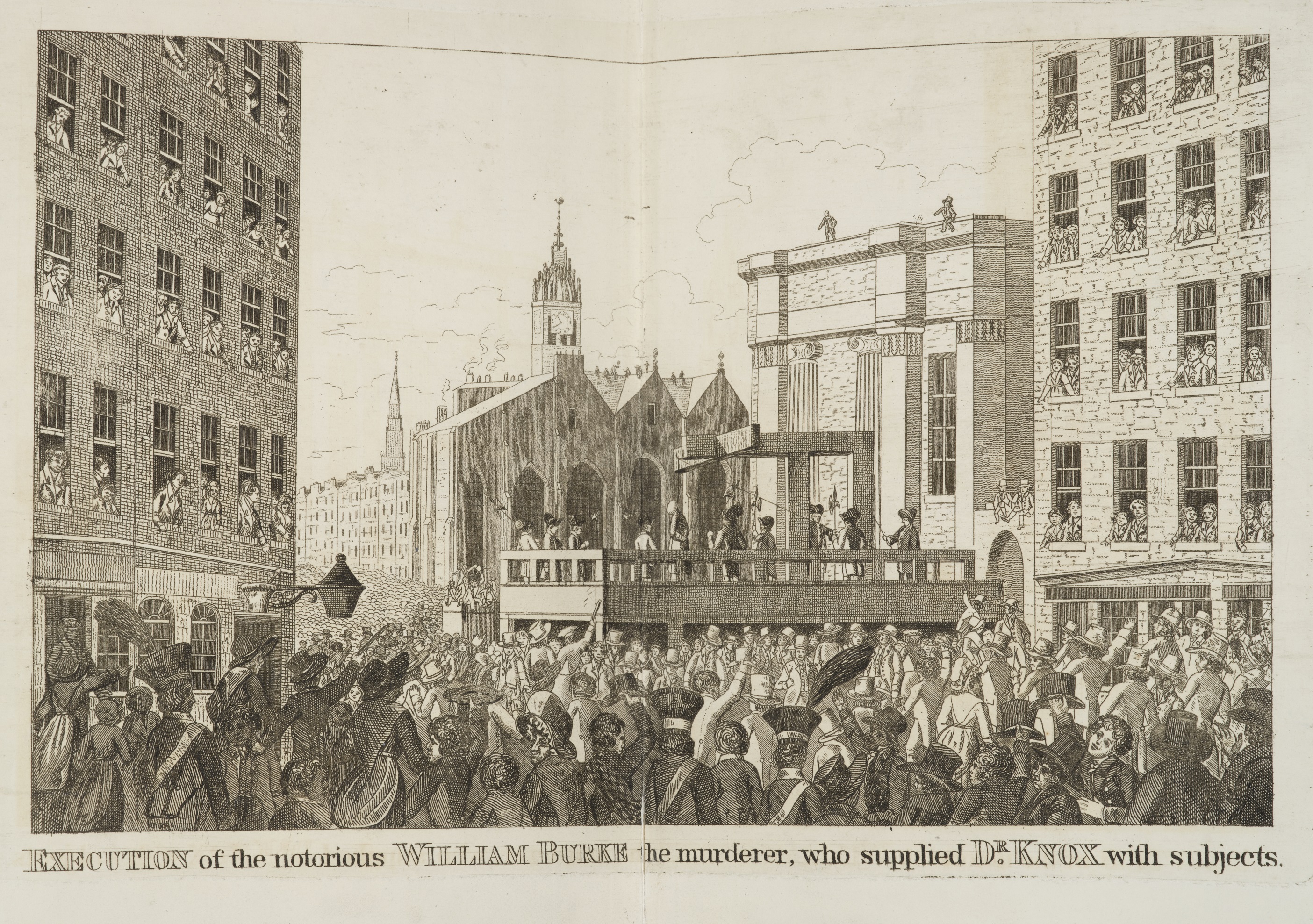 ‘Execution of the notorious William Burke the murderer, who supplied Dr Knox with subjects. A crowd of up to 25,000 people amassed to watch Burke die.
