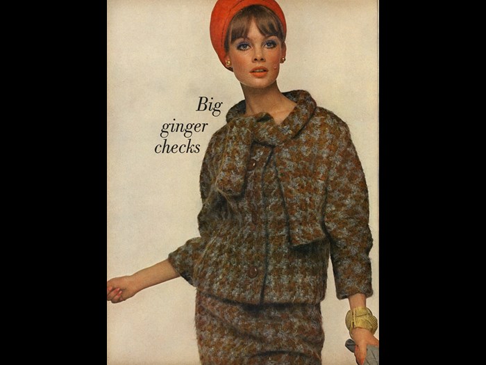 Suit by Monte-Sano & Pruzan made from Bernat Klein fabric, modelled by Jean Shrimpton, Vogue New York, September 1963. Bert Stern, Vogue, © Condé Nast