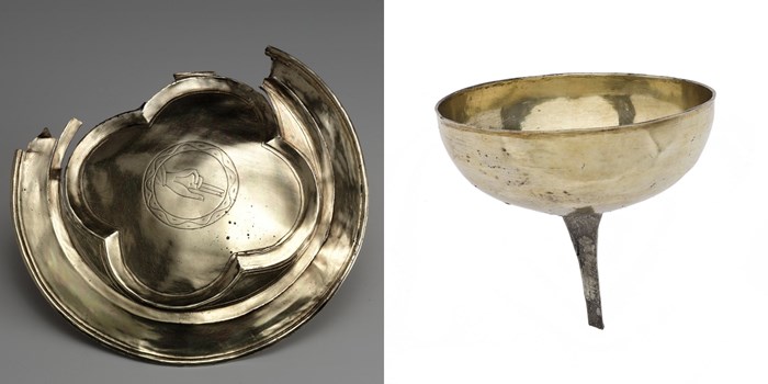Two images side by side. On left, a silver gilt paten (dish) with Manus Dei symbol set within a quatrefoil. On right, a silvery-gold coloured simple chalice with tang for attaching a wooden stem.