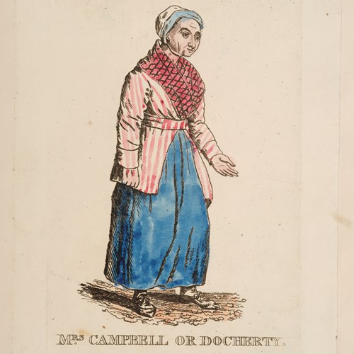 Colour illustration of a working woman in period dress from early 19th century