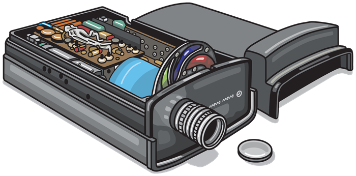 Illustration of a prototype camera with the top cover off