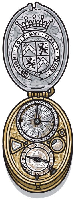 Illustration of an open pocket watch.