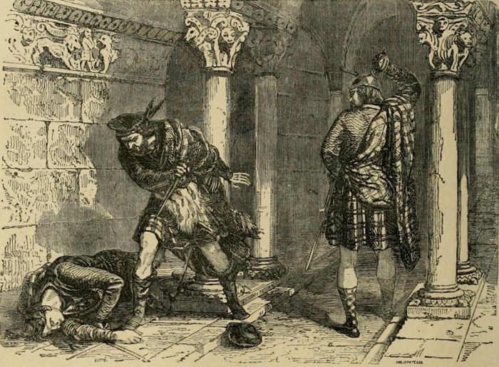19th century grey and faded yellow illustration showing two figures wearing kilts and bonnets standing over the body of a murdered man inside a church.