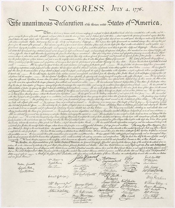 The United States Declaration of Independence, consisting of an off-white document covered in dense black writing with a group of signatures at the bottom.