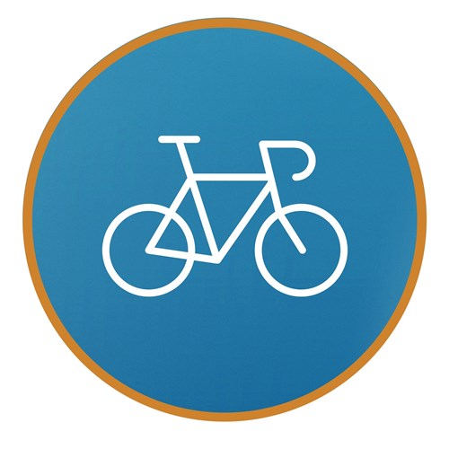 Circular, blue icon with a gold rim and a simple white illustration of a bicycle in the centre.