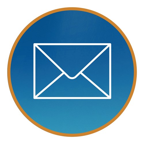 Circular blue icon with a gold rim. Inside the circle is a white outline of a letter, like the email symbol.