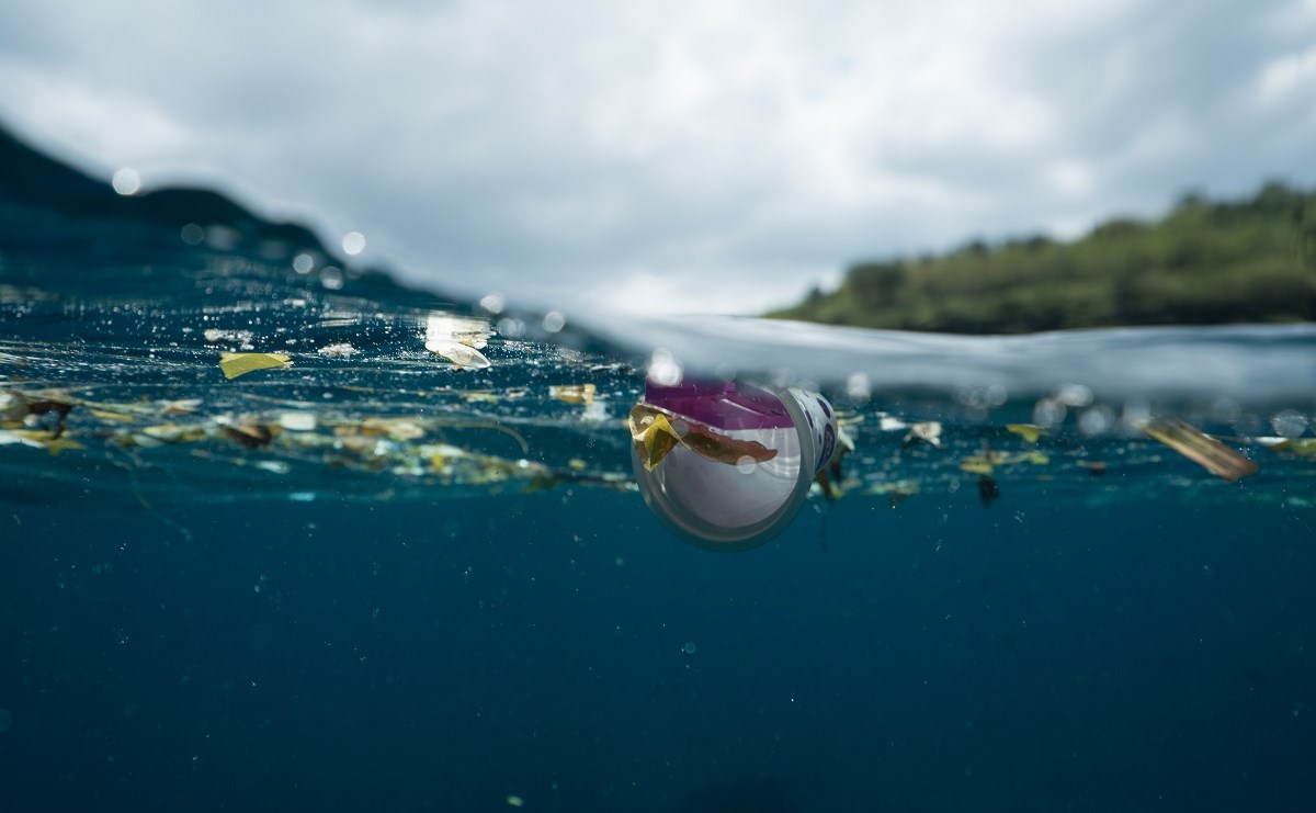 Photograph of plastic junk floating on the water's surface, shot so that you see both underwater and above water at the same time.