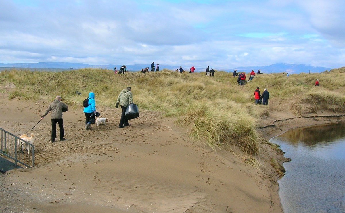 A spread out group of people cross a small bridge and fan out into sand dunes along a beach, carrying litter bags and sticks for collecting litter.