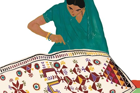 Person stitches scarf containing geometric patterns in red, yellow and purple onto white cloth. Illustration by Malini Chakrabarty.