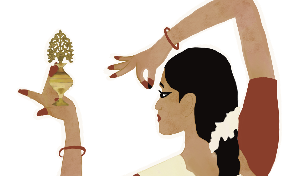 Illustration of person holding intricately designed Kohl Pot, raised in their left hand, as they pinch their fingers with their other hand. Illustration by Malini Chakrabarty.