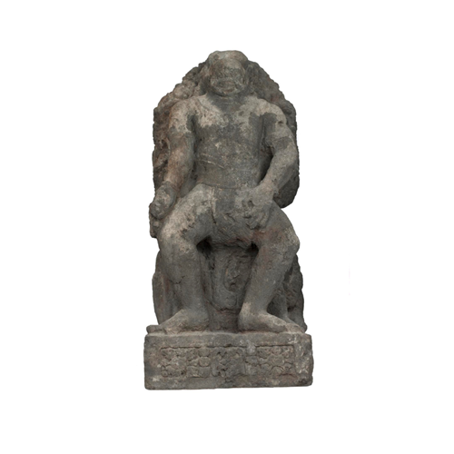 Hindu monkey god Hanuman standing in front of a tree with two squatted figures at the base.