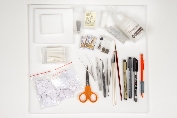 Pieces of equipment in a dry-preservation preparation kit lying on a piece of white cloth