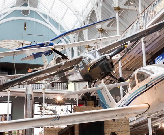 Different aircraft hanging in the Science and Technology gallery