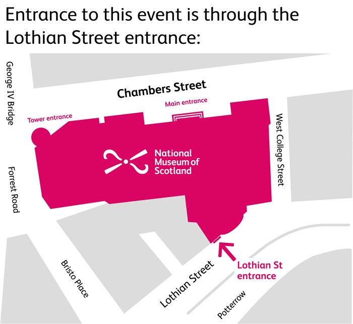 Map to Lothian Street entrance. Entrance to this event is through Lothian Street, behind the building. OS grid reference: 55.946616, -3.188612.
