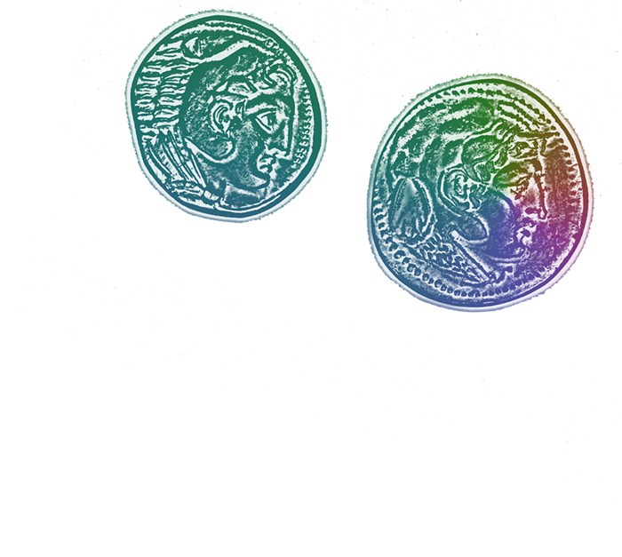 Multicoloured print of two coins depicting the head of Alexander the Great