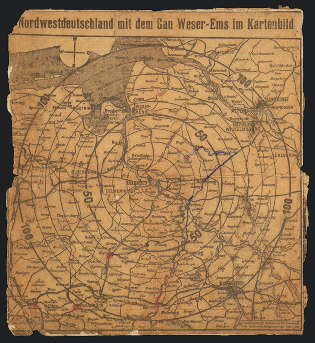 Frayed map of Germany torn from a newspaper.