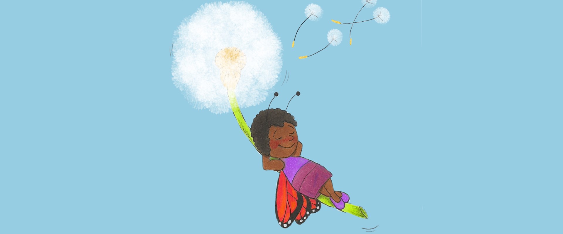 An illustration of a young girl with butterfly wings floating away on a dandelion 