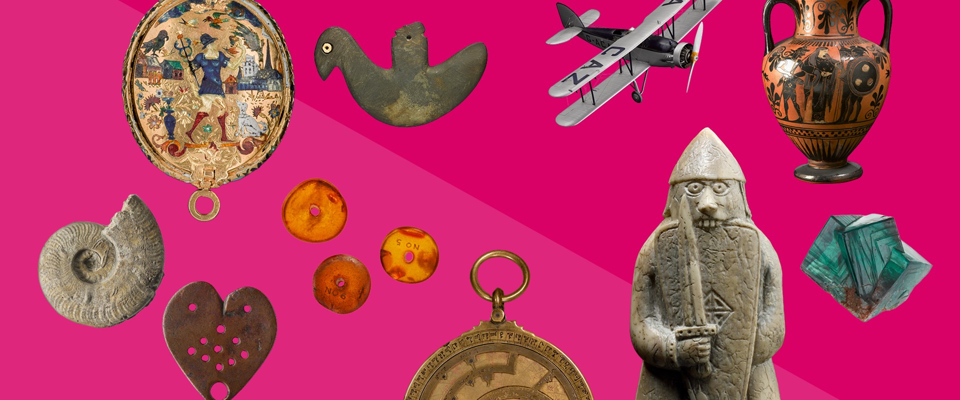 Some of the key objects from the collections at National Museums Scotland scattered over a pink background.
