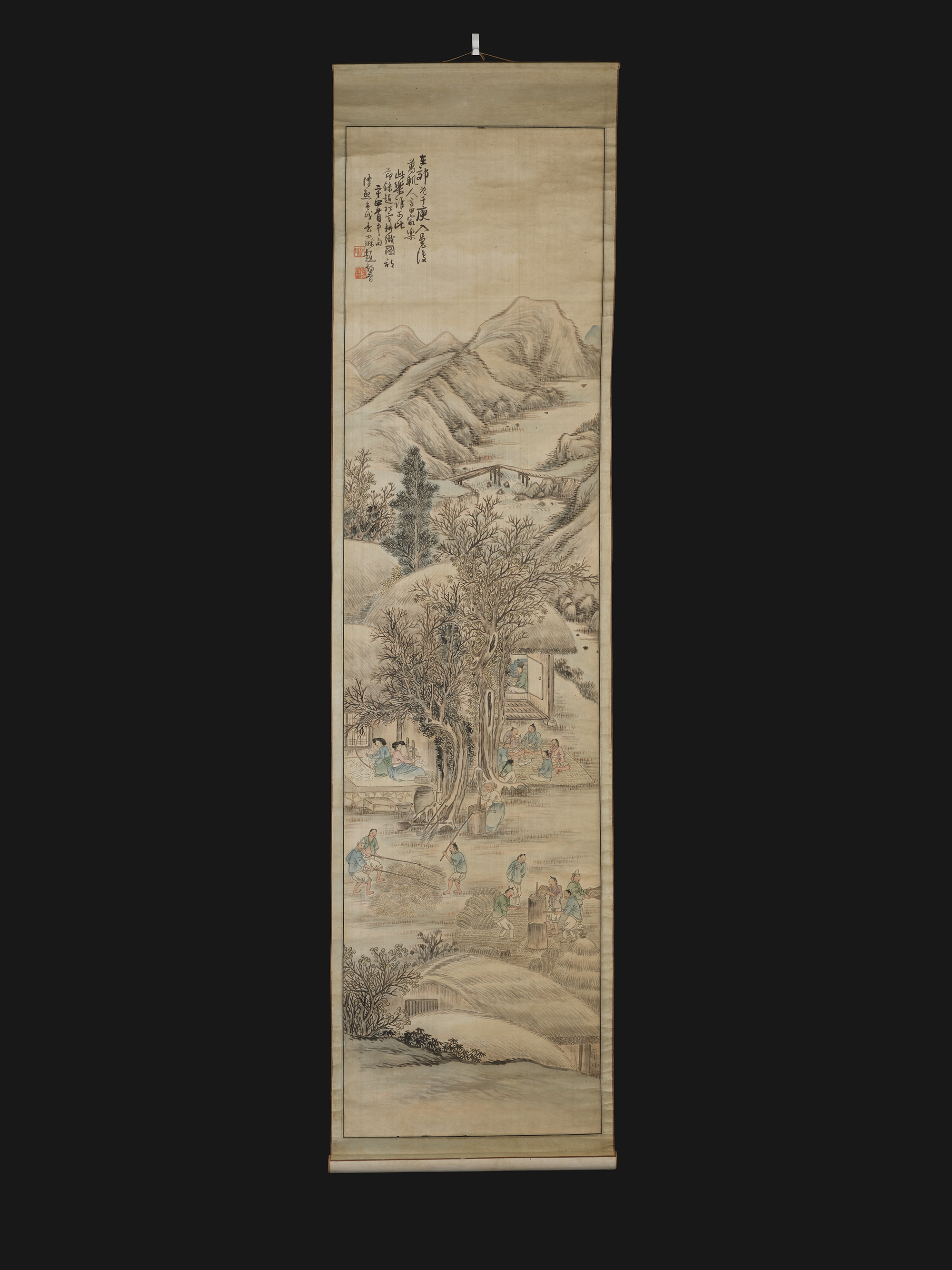 A korean scroll featuring a village scene and lots of people sat around going about their daily tasks