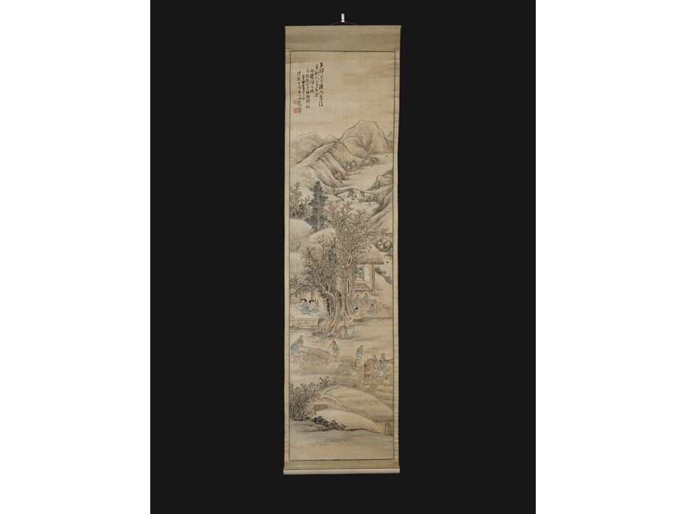 A korean scroll featuring a village scene and lots of people sat around going about their daily tasks