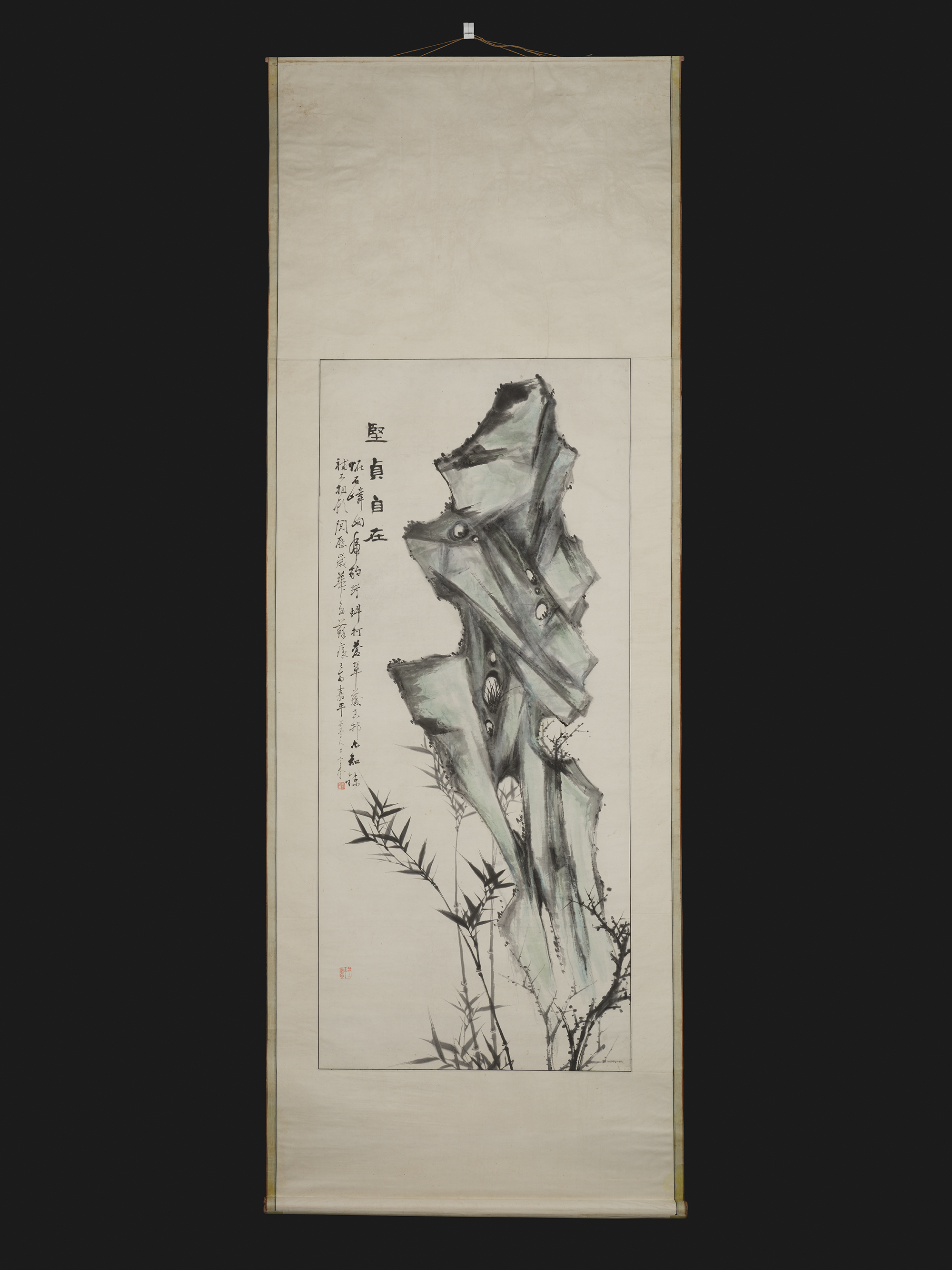 Korean scroll painting of a rock, bamboo and plum blossom