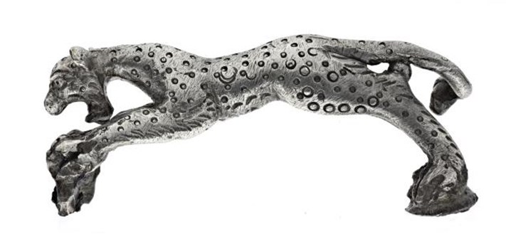 Detailed and agile silver leopard figure, bounding forward with open jaws and covered in round spots.