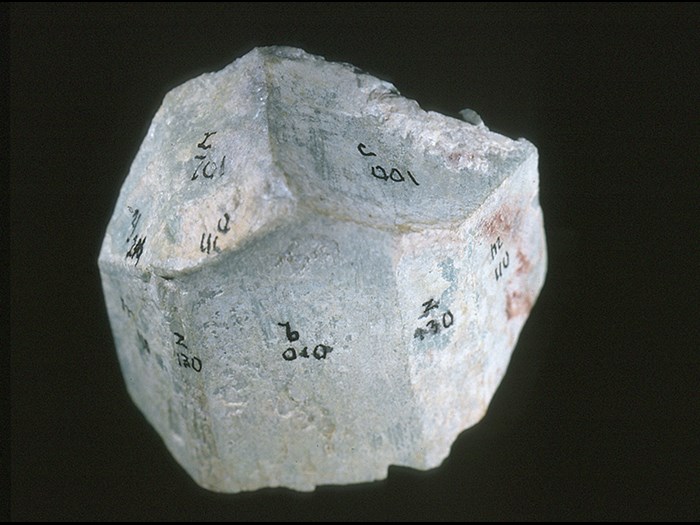 Microcline from the Beinn Bhreck boulder. Note the crystal faces have been marked.