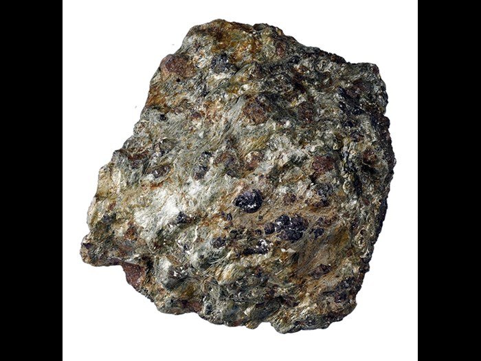 A garnet chlorite schist, greenish-silvery grey groundmass shot through with large, dark red garnets, with one face polished, from Hill of Maluth, Banffshire. This large specimen is on display in the Window on the World in National Museum of Scotland.