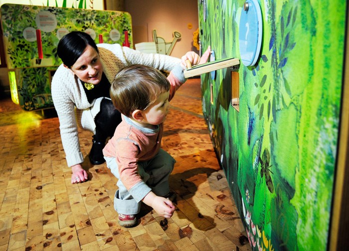 Young child exploring interactive wildlife display inside the museum