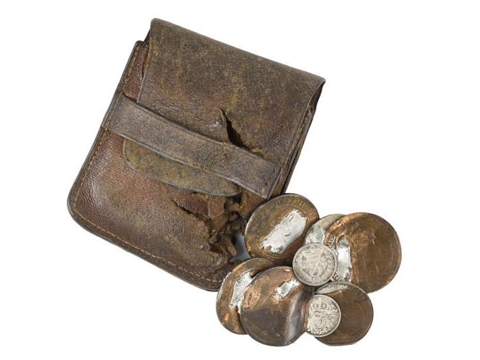 Harold Brierley was a resident of Oldham, Lancashire when he volunteered for the ‘Manchester Scottish’. Serving with 15th Battalion Royal Scots, he was wounded and taken prisoner during the battle of Arras in 1917. This purse and coins were damaged by the impact of a bullet which hit Brierley in the chest.
