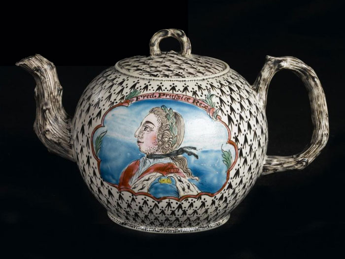 Staffordshire stoneware teapot depicting Frederick the Great, c.1758-1765