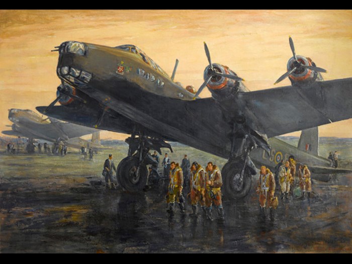 Short Stirlings – The Return of MacRobert’s Reply, 1941 by Charles Cundall. This aircraft was named ‘MacRobert’s Reply’ in memory of two brothers, both pilots, killed in 1941 on active service with the Royal Air Force. The MacRobert family crest and badge can be seen on the side of the aircraft. It was named at the request of Lady MacRobert, who donated £25,000 to pay for a bomber as ‘a mother’s immediate reply’ to the loss of her sons. On display at the National War Museum.