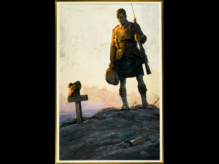 This poster by the Scottish artist Tom Curr was designed to promote fundraising for the Scottish National War Memorial, which opened in Edinburgh Castle in 1927. The location of the National War Museum, which opened in 1930, was part of the same memorial project. The painting is on display in Rewards of Industry on Level 5 of the National Museum of Scotland.