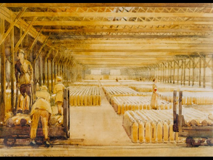 The mass employment of women in heavy industry was a new development required for the war effort. Shell production was demanding and dangerous work, but was well-paid in comparison to more traditional women’s roles. This painting is by Arthur Knighton-Hammond, an English landscape painter. On display in In Defence at the National War Museum, Edinburgh Castle.