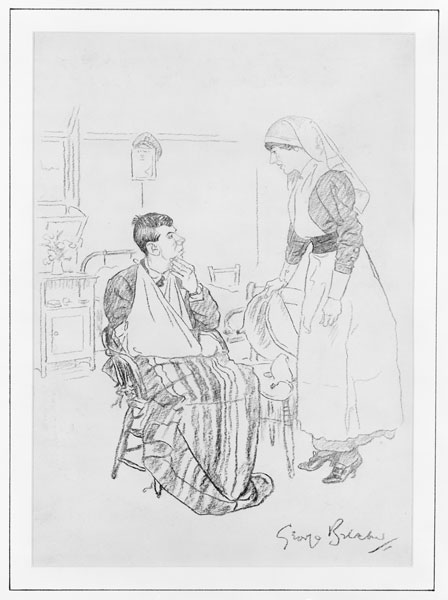 This humorous charcoal drawing from the First World War is by George Belcher, the Punch cartoonist. It is captioned: ‘Nurse (to Scottish Tommy): ‘You play the bagpipes, Donald, I wish you’d blow these air cushions up for me.’